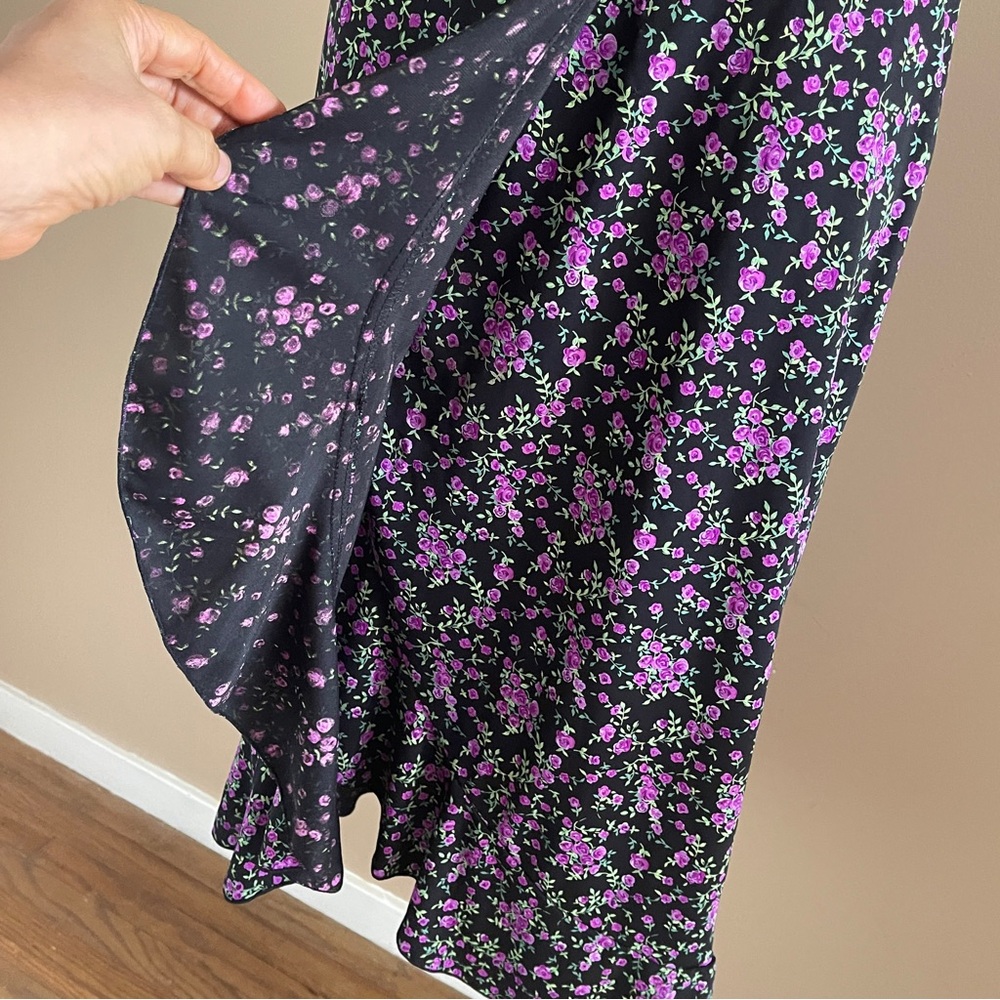 Connected Apparel Size 12 Blue Floral Midi Dress Deep V Ruffle Slit Feminine - Picture 4 of 15